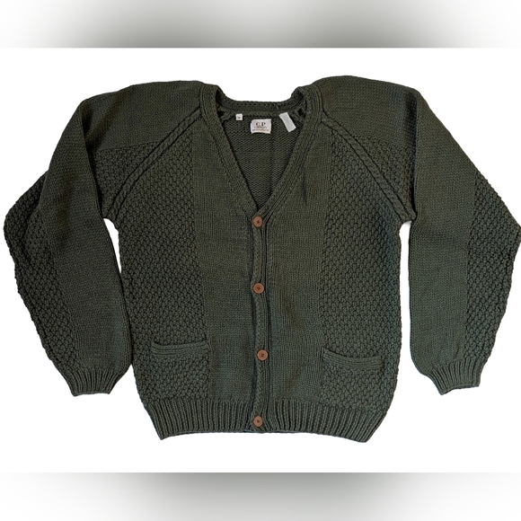 Vintage Massimo Osti CP Company Olive Green Chunky Cable Knit Men's Cardigan Med